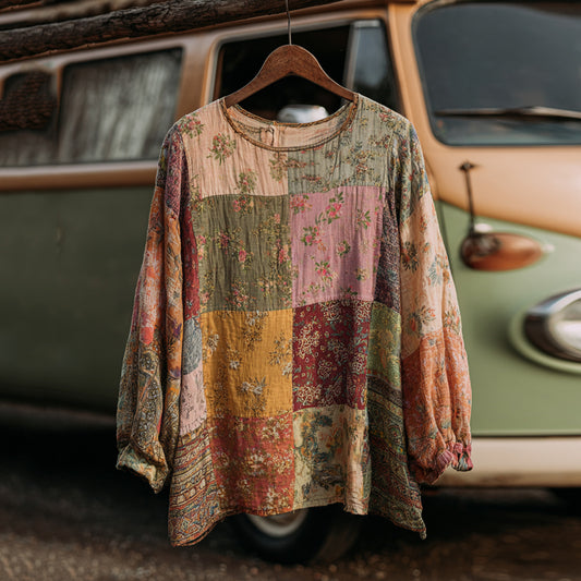 Countryside Style Collection Classy Patchwork Floral Pattern Art Linen Long Sleeve Tshirt