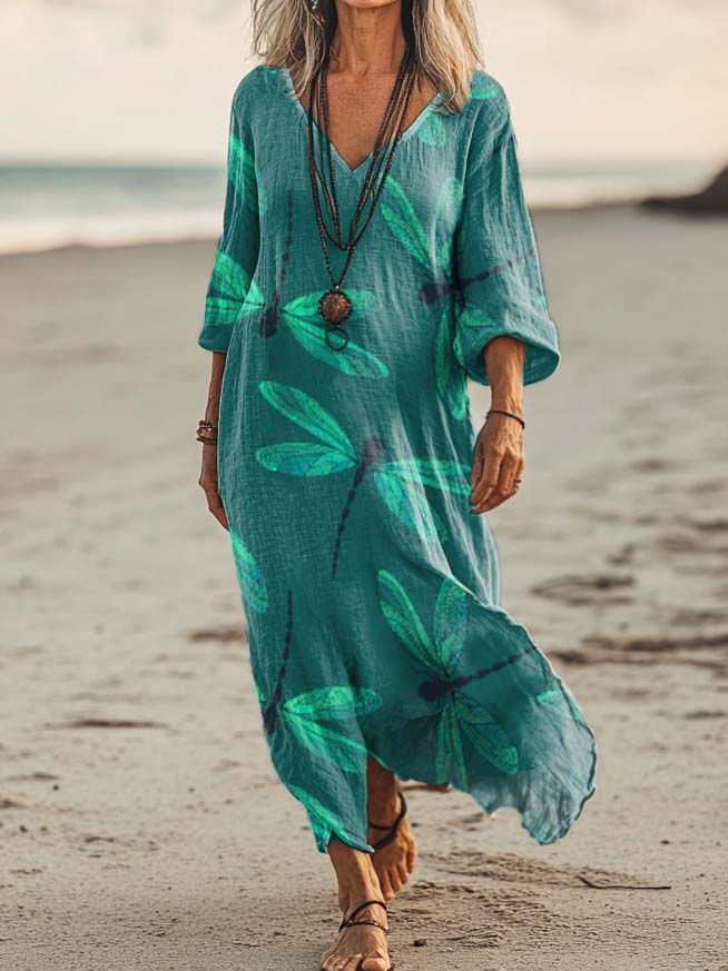Women's Dragonfly Art Print Pocket Cotton Dress