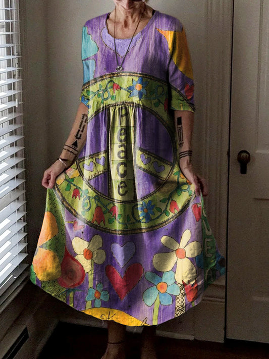 Women's Hippie Peace Art Print Pocket Cotton Dress