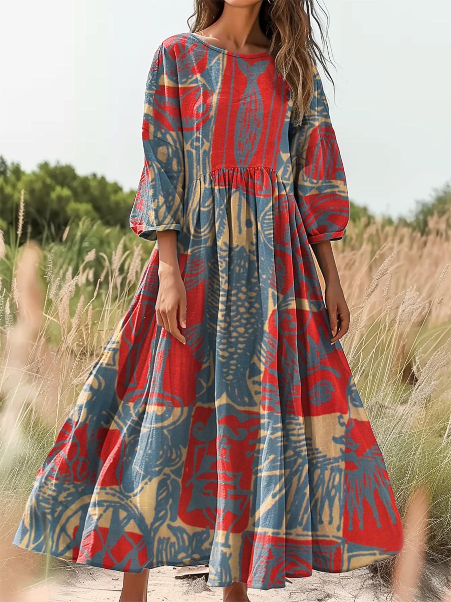 Women's Bohemian Ethnic Collage Art Pattern Print Flowy Cotton Crew Ne