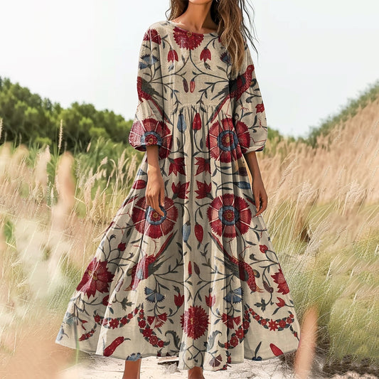 Women's Floral Bird Pattern Art Print Cotton Round Neck Dress