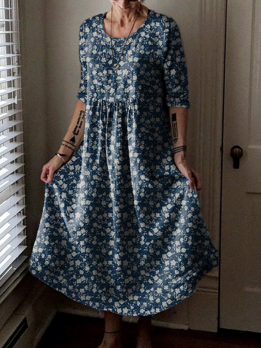 Women's Vintage Floral Art Print Pocket Cotton Dress