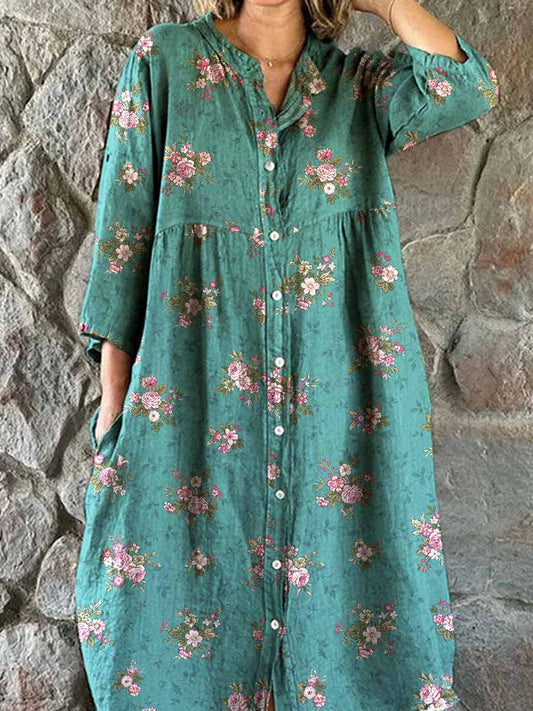 Women's Elegant Rose Floral Pattern Shirt Style Cotton and Linen Dress