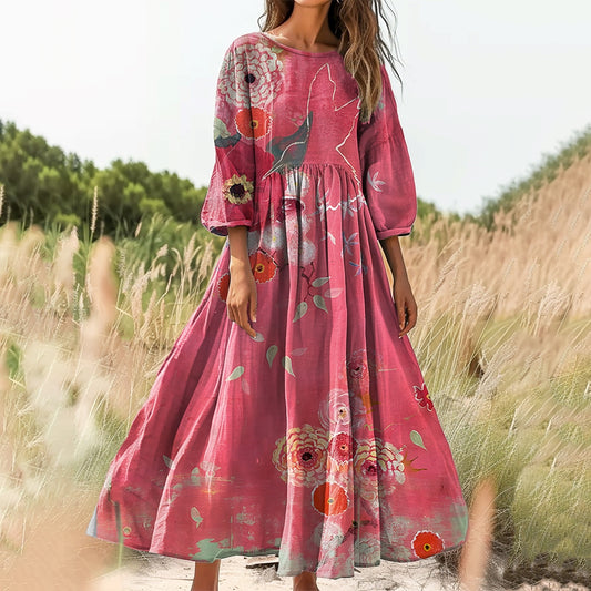 Women's Floral Art Print Cotton Crew Neck Dress