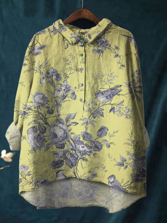 Women's Elegant Botanical Print Cotton And Linen Shirt