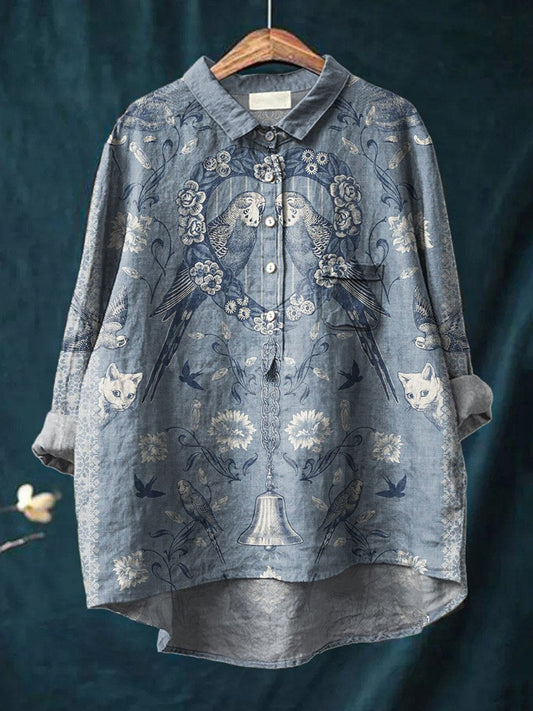 Vintage Ethnic Floral Animals Art Print Casual Cotton And Linen Shirt