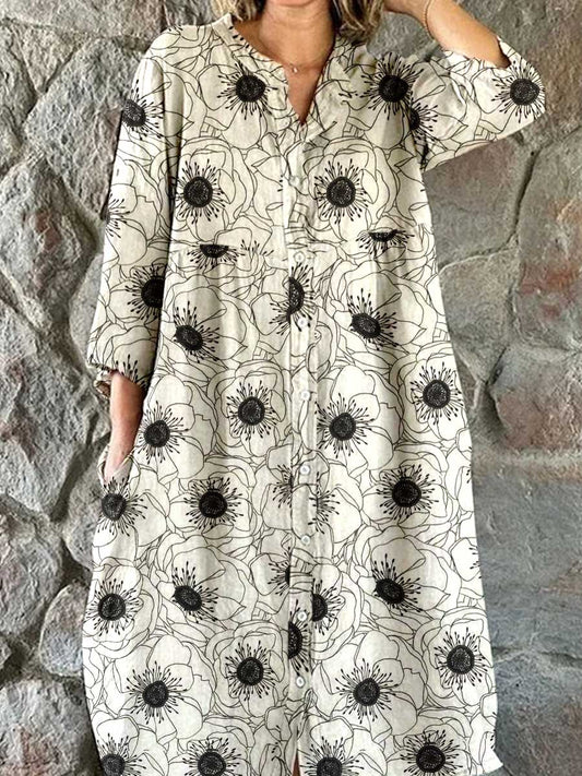 Women's Resort Art Rose Floral Pattern Cotton Shirt Dress