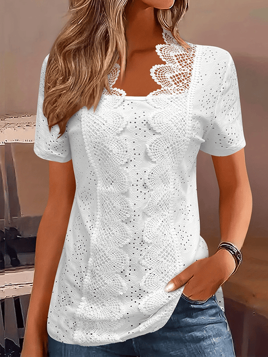 Women's Square Neck Lace Short Sleeve Top 