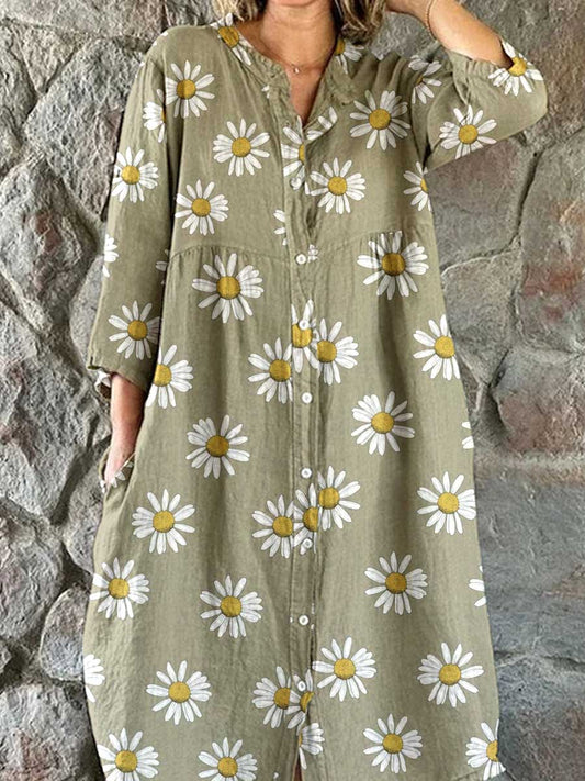 Women's Artistic chrysanthemum floral pattern Cotton Shirt Dress