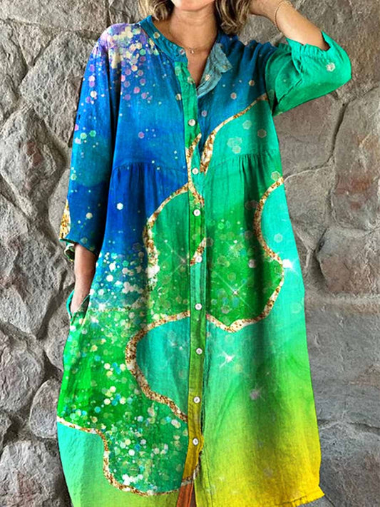 Women's Rainbow Color Fluid Art Shirt Collar Cotton and Linen Dress wi