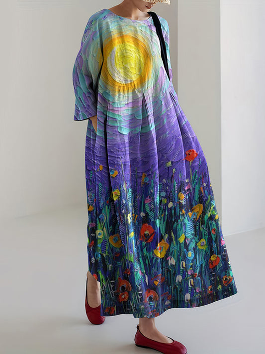 Oil Painting Floral Pattern Women'S Long Dress
