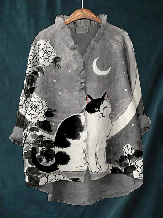 Cat In The Moonlight Graphic Linen Ruffle Shirt