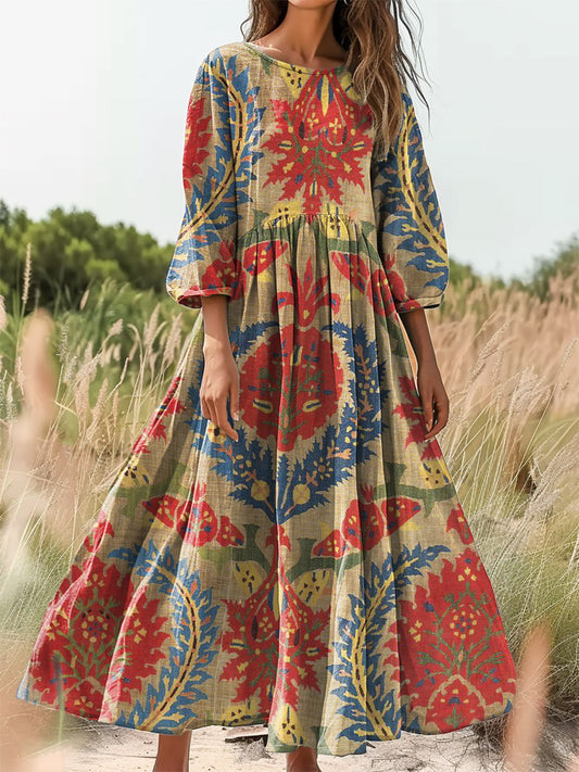Women's Bohemian Floral Art Print Flowy Crew Neck Cotton Pocket Dress