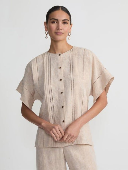 Women's Cotton&Linen Casual Striped Hollow Shirt Suit 