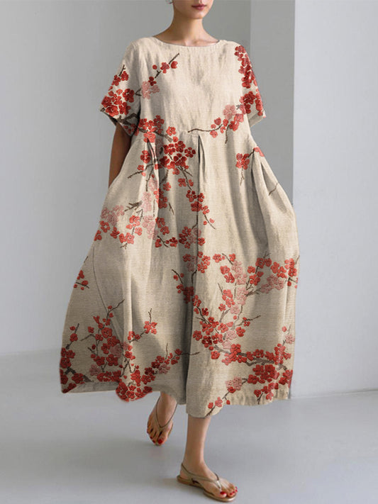 Japanese Vintage Flower Print Linen Blend Dress
