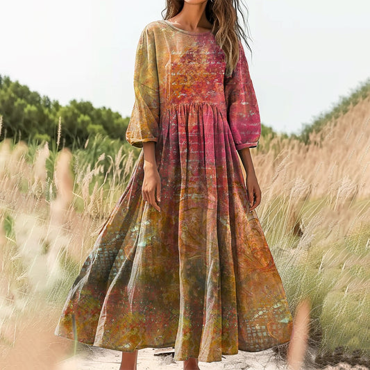 Women's Tie-Dye Pattern Art Print Cotton Round Neck Dress