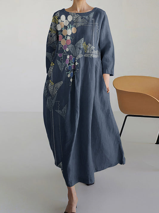 Flower Print Round Neck Loose Midi Dress
