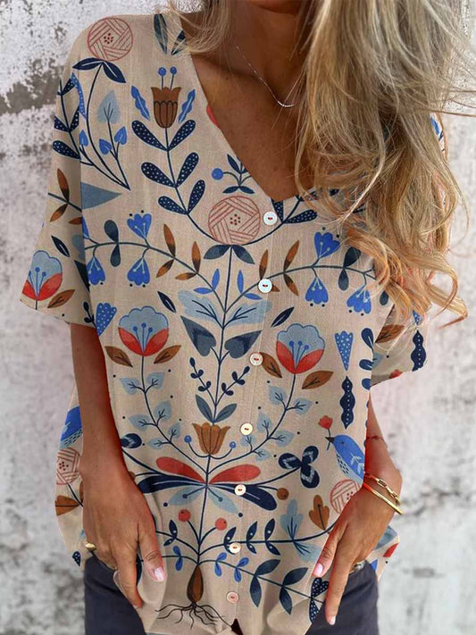 Women's Elegant Floral Pattern Shirt Style Cotton and Linen Top