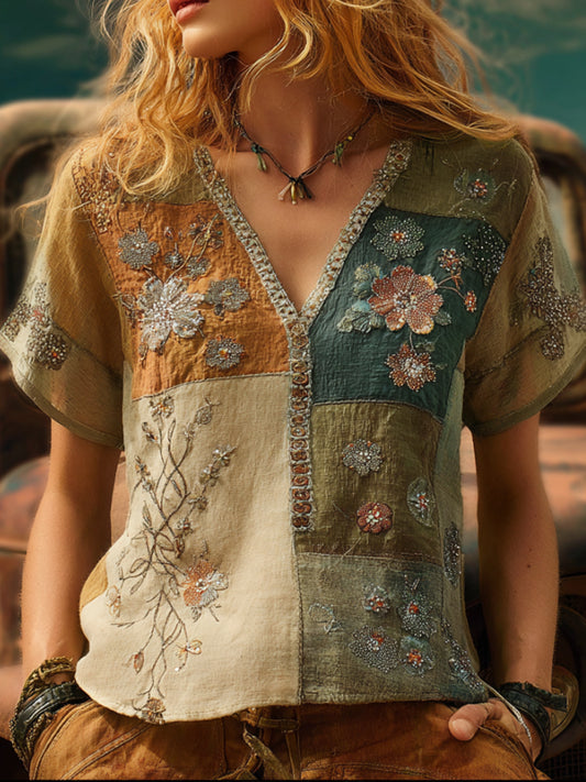 Bohemian Style Patchwork Three-dimensional Embroidery Flower And Vine Embroidery Vintage Forest V-neck Short-sleeved Shirt