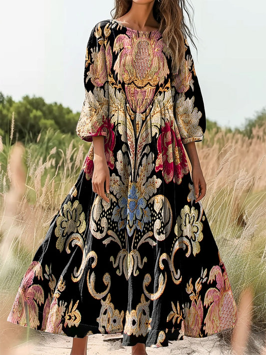 Women's Retro Ethnic Flowers Print Flowy Cotton Crew Neck Dress