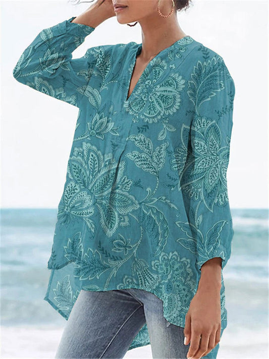 Women's Vintage Floral Art Print Casual Linen V-neck Shirt