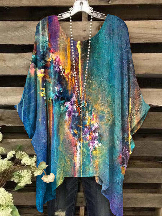 Women's Vintage Abstract Color Textured Art Print Crew Neck Top