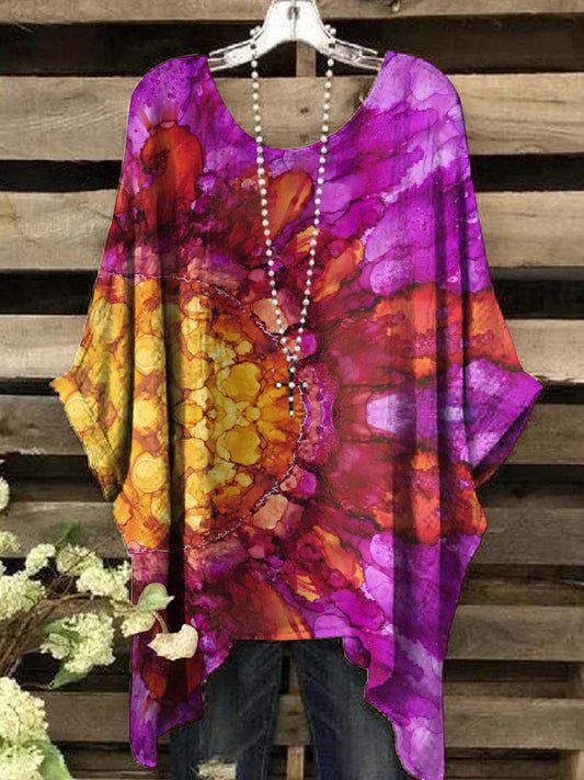 Women's Vintage Art Abstract Sun Oil Print Casual Top