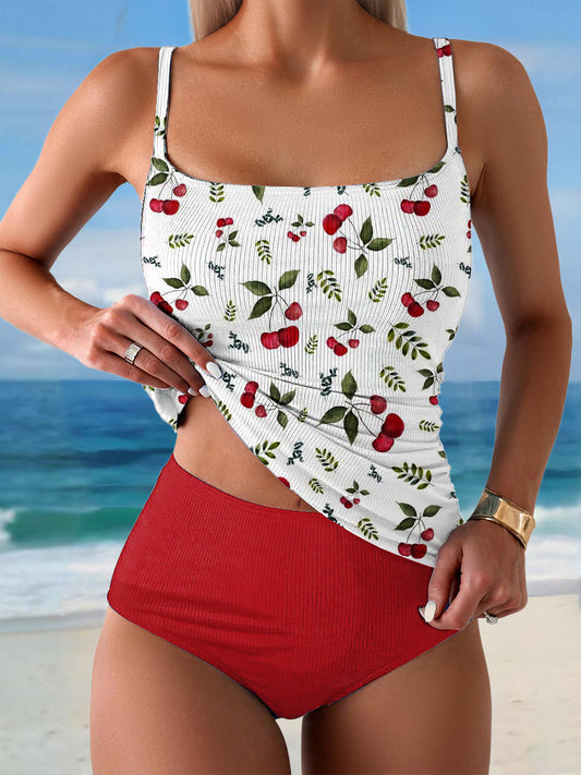 Women's Floral Art Print Summer Beach Halter Top And Solid Color Triangle Briefs Tankini Set