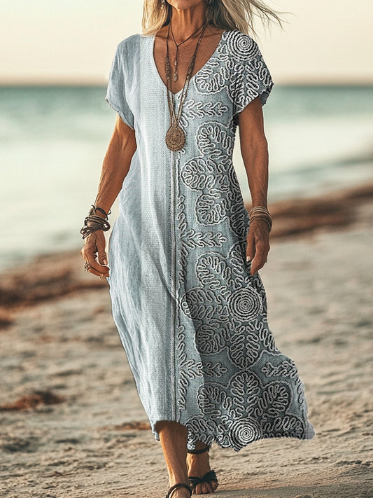 Women's Bohemian Floral Art Print Pocket Cotton Dress