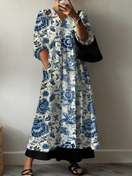 Women's Vintage Lovely Floral Art Print Pocket V-neck Cotton Dress