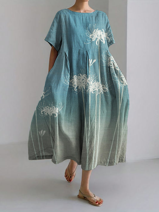 Spider Lilies Gradient Japanese Art Linen Blend Maxi Dress