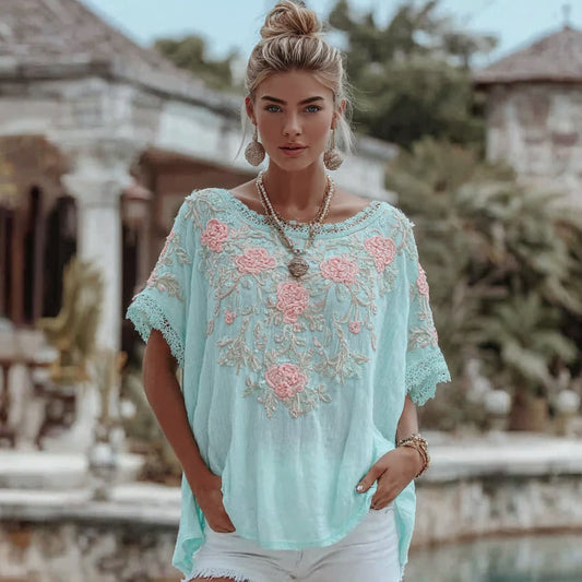 Women's Vintage Bohemian Floral Embroidered Casual Crew Neck T-shirt