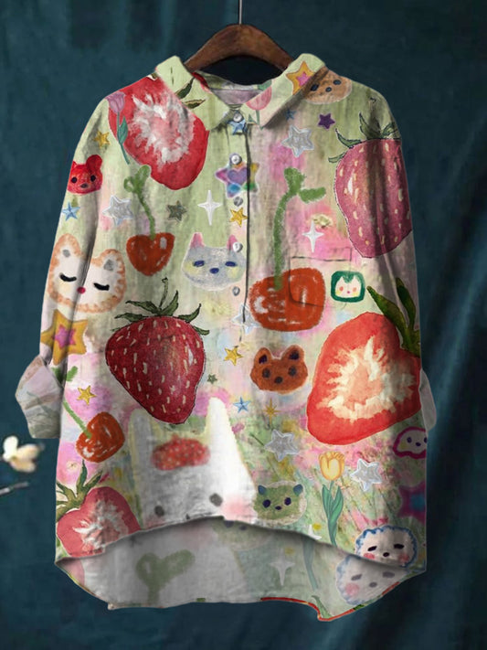 Candy Colored Cartoon Kitten Strawberry Print Cotton And Linen Shirt