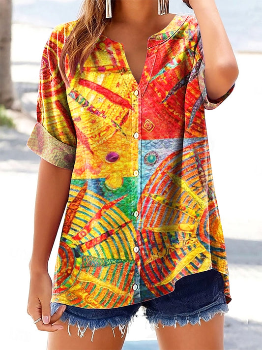 Women's Bohemian Sun Collage Art Pattern Print Short Sleeve V-Neck Cot