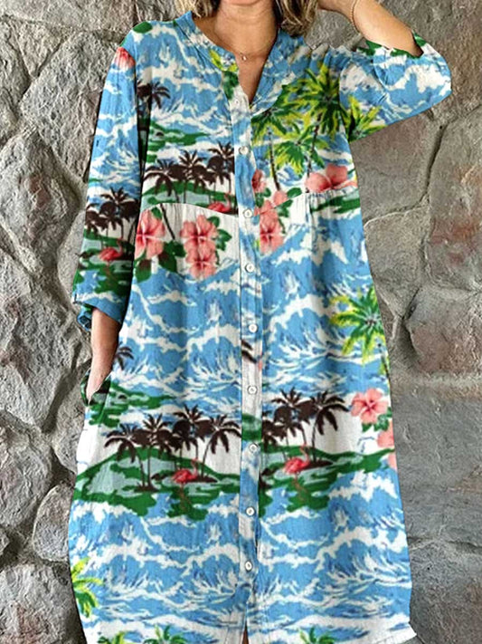 Women's Beach Pattern Cotton Shirt Dress