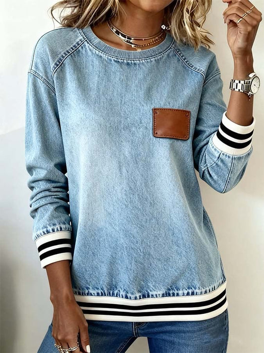 Women'S Casual Contrast Color Denim Patchwork Long-Sleeved Top 