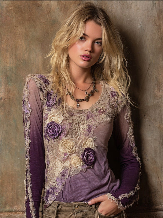 Boho Purple Floral Embroidery Women's Long Sleeve T-shirt