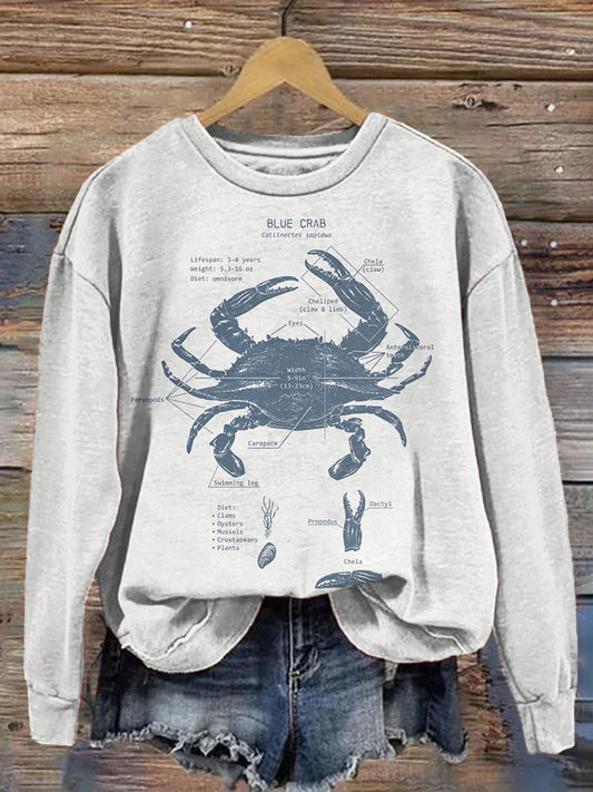 Vintage Blue Crab Art Print Casual Sweatshirt