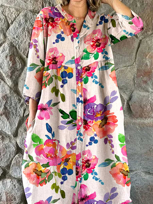 Women's Artistic Floral Pattern Cotton Shirt Dress