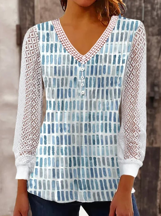 Women's V -Neck Geometric Casual Loose Shirt