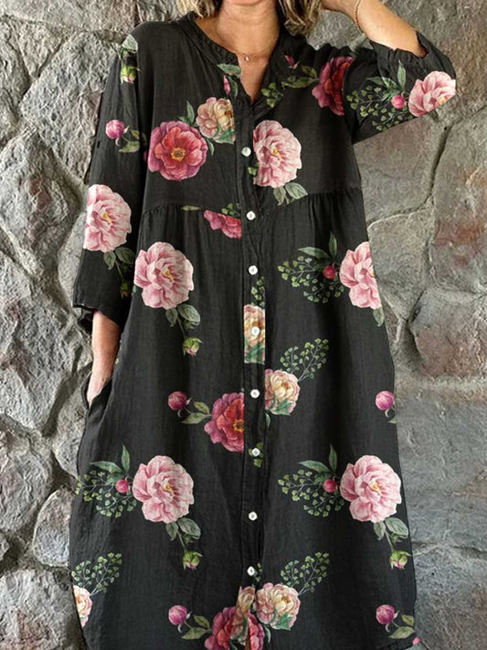 Women's Resort Art Rose Floral Pattern Cotton Shirt Dress