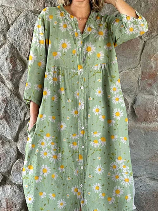Women's Resort Art Daisy Floral Pattern Cotton Shirt Dress