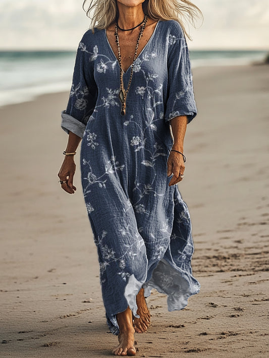 Women's Vintage Floral Art Print Pocket Cotton Dress