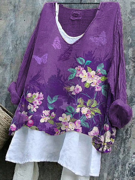 Women's Purple Consciousness Floral Design Print V-neck Top