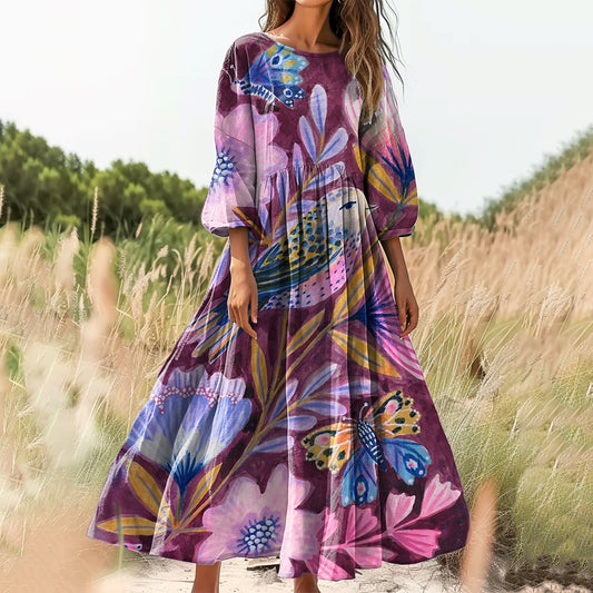 Women's Floral Art Print Cotton Crew Neck Dress