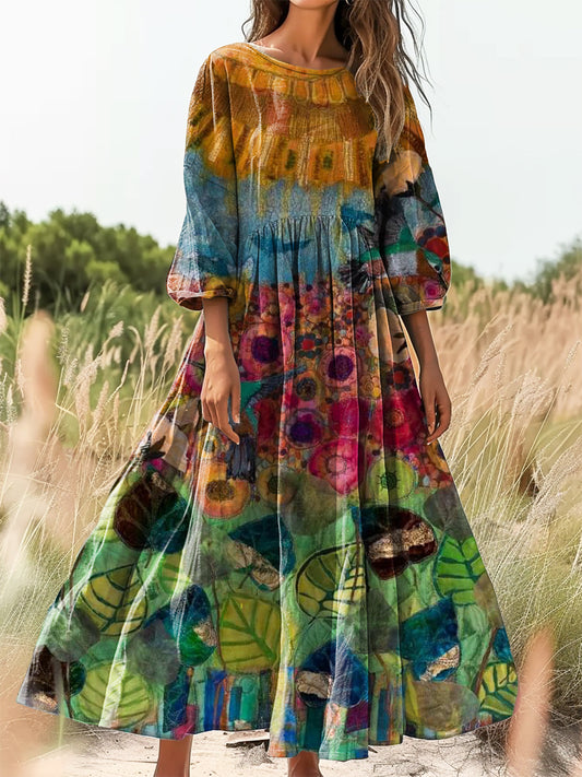 Women's Bohemian Floral Collage Art Print Flowy Cotton Crew Neck Dress