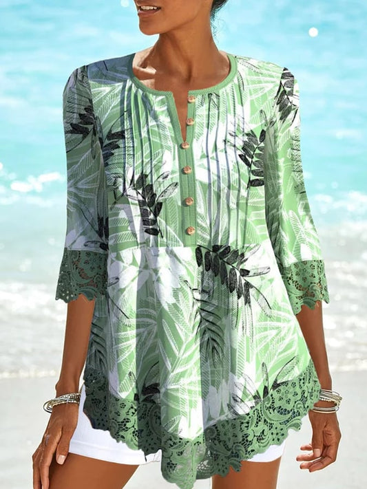 Women's Casual Loose Leaf Crew Neck Tunic Shirt