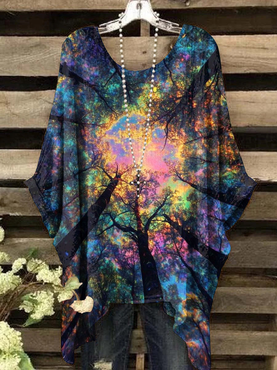 Women's Vintage Psychedelic Forest Art Print Crew Neck Top