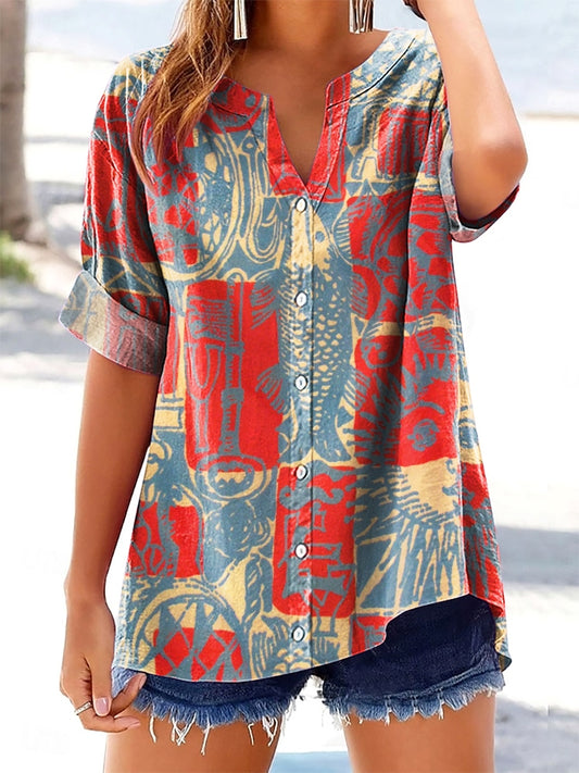 Women's Bohemian Ethnic Collage Art Pattern Print Short Sleeve V-Neck