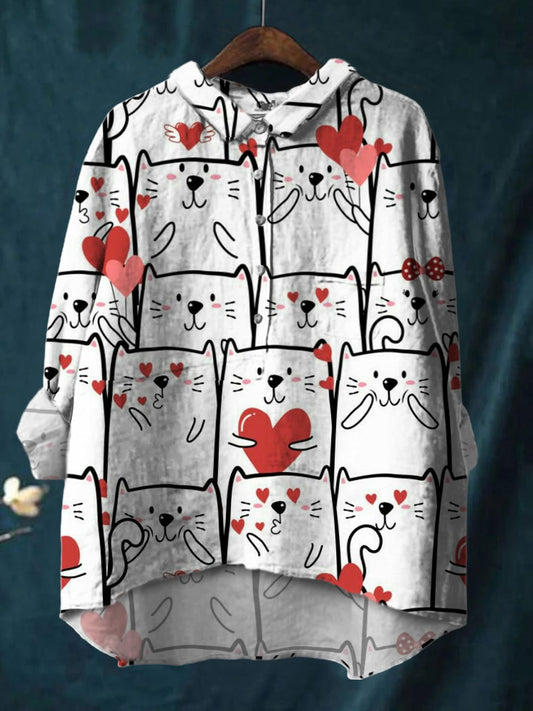 Women's Colorful Watercolor Cats Print Cotton And Linen Shirt